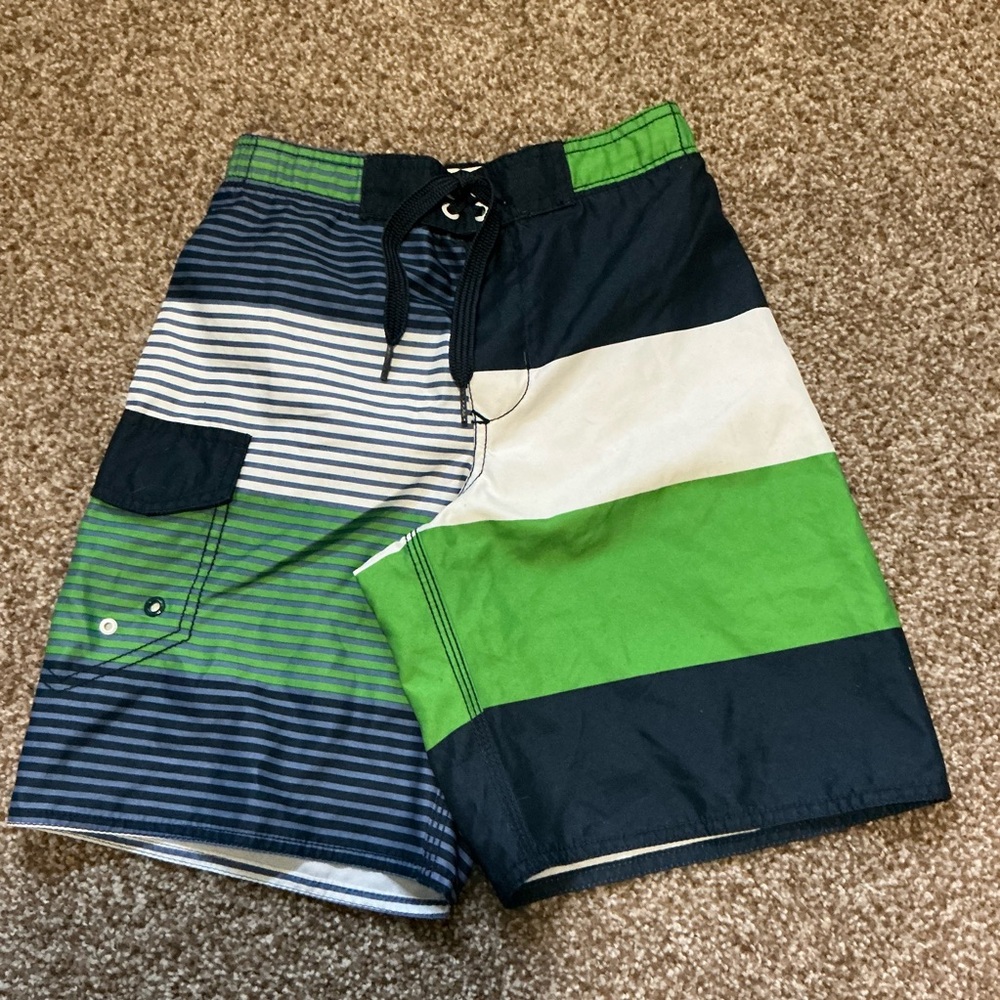 Stylish Boys Striped Board Shorts - Green and Navy